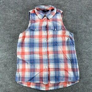 Great Northwest Indigo Womens Blue Coral Plaid Sleeveless Button Down Shirt‎ M